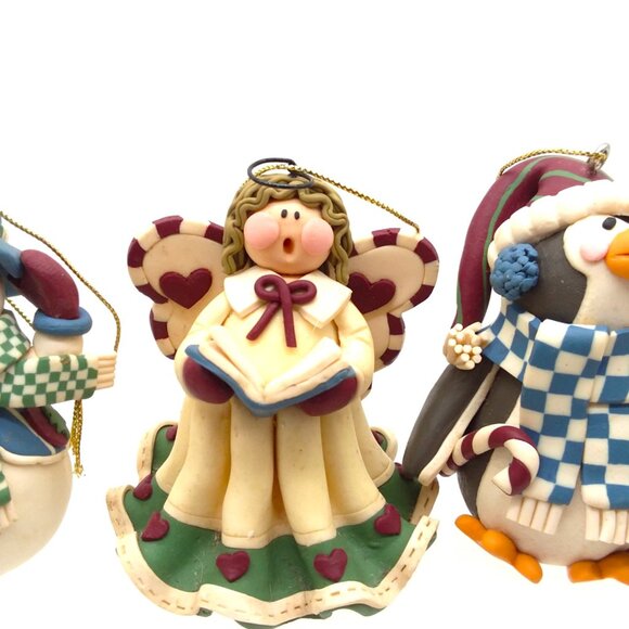 8 Christmas Ornaments Handcrafted Clay Angel Penguin Moose Snowman Holiday Decor - Picture 4 of 7